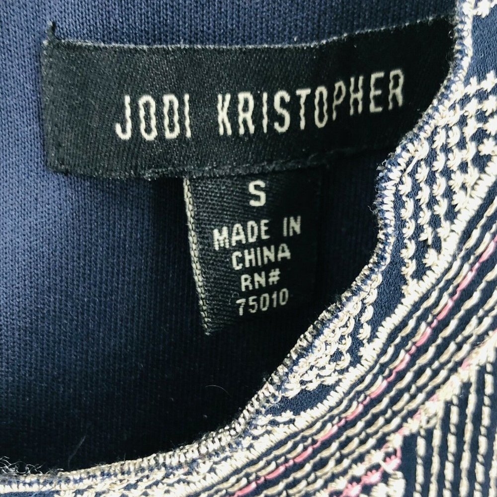 Jodi Kristopher Dress Small Navy Blue Tribal Embroidery Sleeveless Mini Boho - Picture 5 of 11
